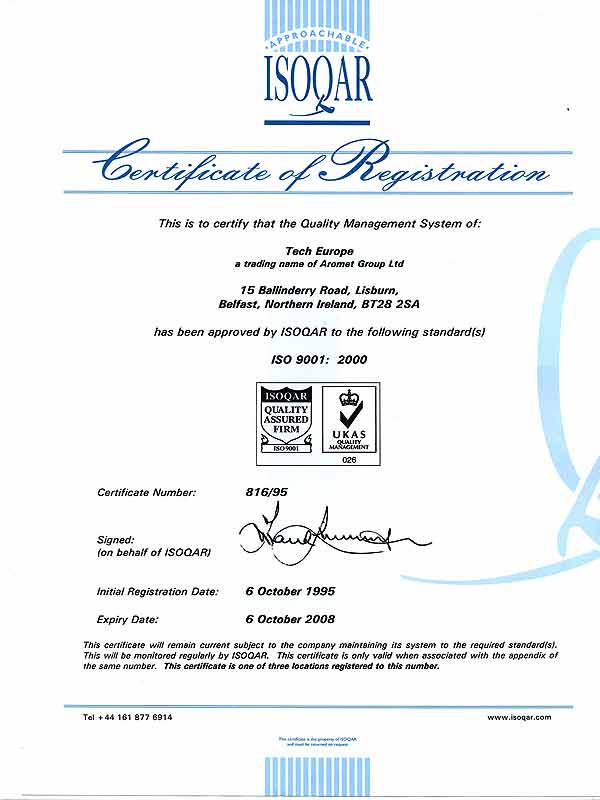 Сертификат ISO-9001 на продукцию TECH EUROPE до 06.10.2008 года