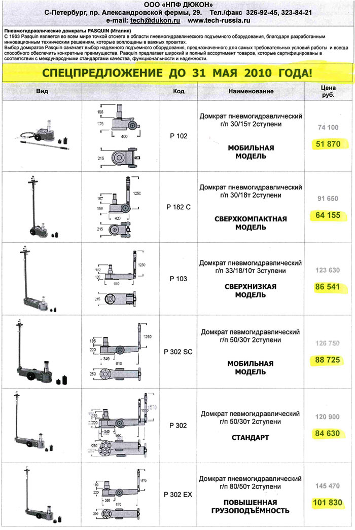 Специальные цены - 30% до 31.05.2010 на пневмогидравлические домкраты PASQUIN (Италия)