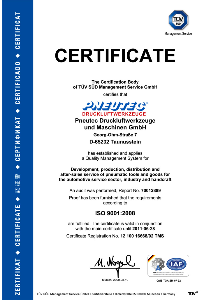 Сертификат авторизованного дистрибьютора PNEUTEC