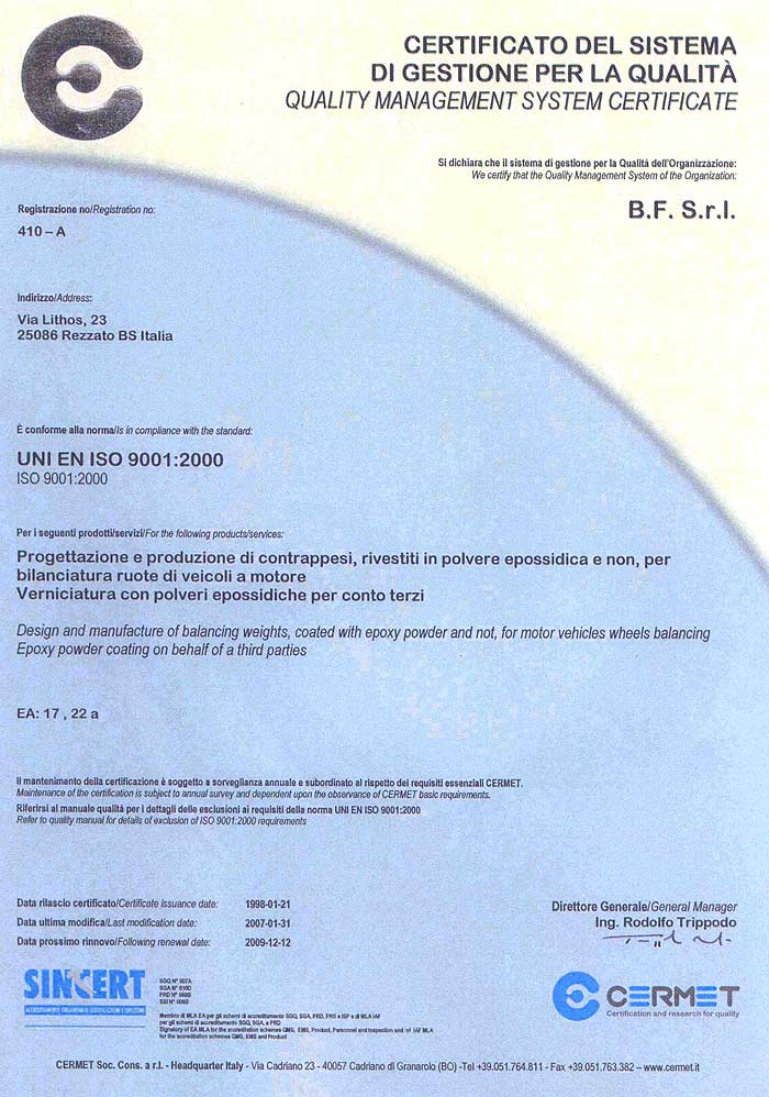 «Сертификат ISO-9001:2000 на балансировочные грузики "B.F." до 12.12. ...