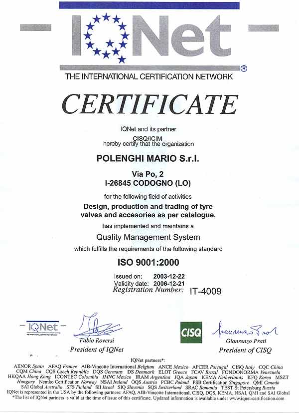 Сертификат IQ NET (ISO 9001:2000) фирмы "Polenghi Mario" до 21.12.2006