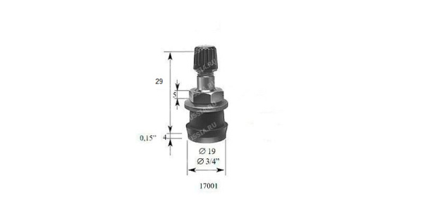 Металлический вентиль для б/к грузовых дисков, диаметр отверстия в диске 15.7 мм, длина 29 мм