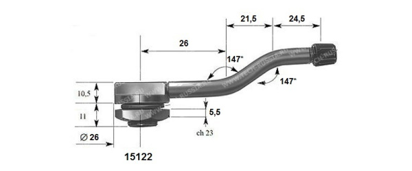 Металлический угловой вентиль для б/к грузовых дисков, диаметр отверстия в диске 15.7 мм, длина 72 мм, два изгиба с углами по 147 градусов