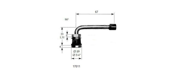 Металлический угловой вентиль для б/к грузовых дисков, диаметр отверстия в диске 15.7 мм, длина 67 мм, угол 90 градусов