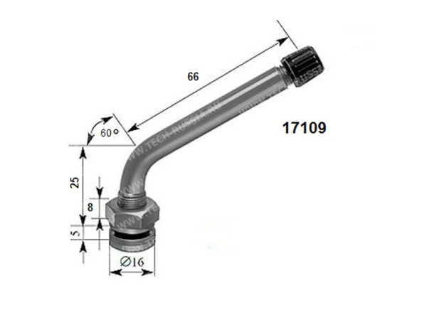 Металлический угловой вентиль для б/к легкосплавных дисков грузовых автомобилей и автобусов, диаметр отверстия в диске 9.7 мм, длина 91 мм, угол 60 градусов