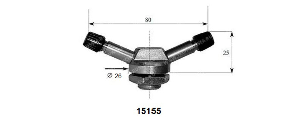 Металлический угловой вентиль с двумя выходами для б/к грузовых дисков, диаметр отверстия в диске 15.7 мм, длина 80 мм, угол 17 градусов