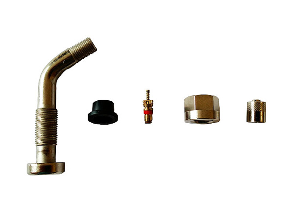 Металлический угловой вентиль для б/к легкосплавных дисков грузовых автомобилей и автобусов, диаметр отверстия в диске 9.7 мм, длина 64 мм, угол 27 градусов