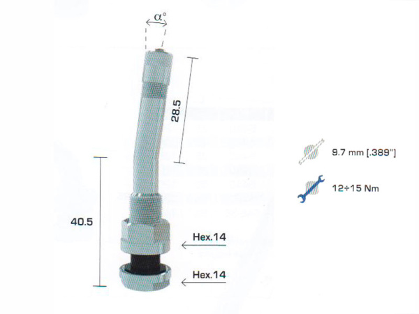 Металлический угловой вентиль для б/к легкосплавных дисков грузовых автомобилей и автобусов, диаметр отверстия в диске 9.7 мм, длина 69 мм, угол 7 градусов