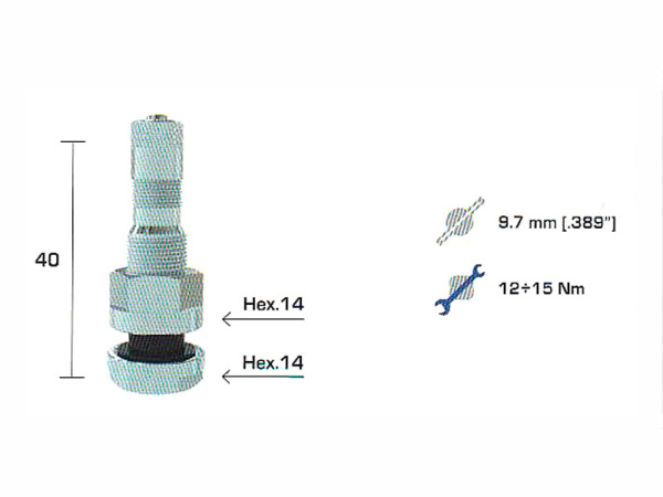 Металлический вентиль для б/к легкосплавных дисков грузовых автомобилей и автобусов, диаметр отверстия в диске 9.7 мм, длина 40 мм