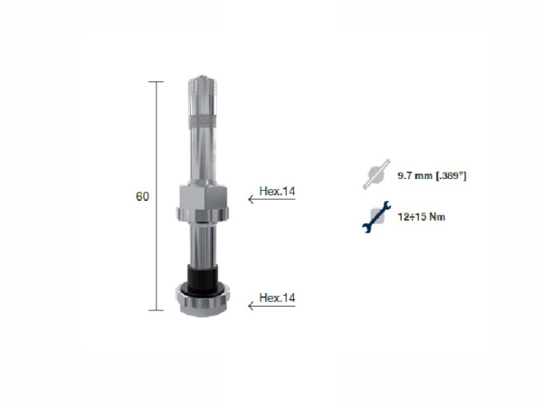 Металлический вентиль для б/к легкосплавных дисков грузовых автомобилей и автобусов, диаметр отверстия в диске 9.7 мм, длина 60 мм