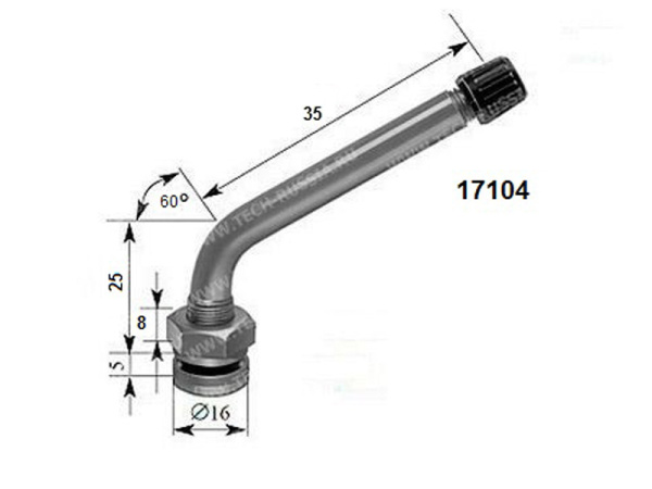 Металлический угловой вентиль для б/к легкосплавных дисков грузовых автомобилей и автобусов, диаметр отверстия в диске 9.7 мм, длина 60 мм, угол 60 градусов
