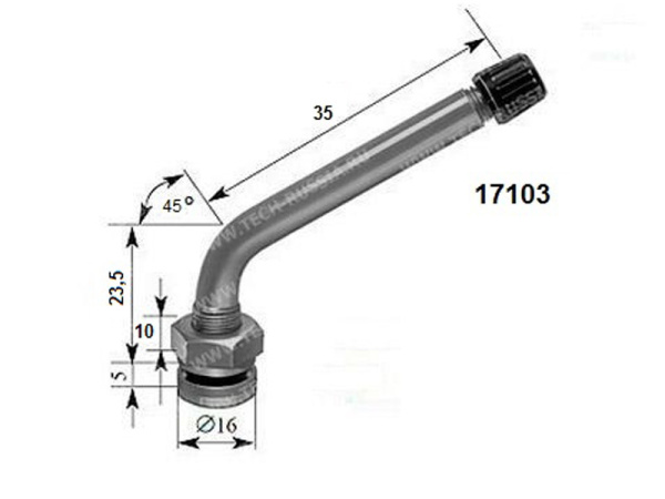 Металлический угловой вентиль для б/к легкосплавных дисков грузовых автомобилей и автобусов, диаметр отверстия в диске 9.7 мм, длина 58.5 мм, угол 45 градусов