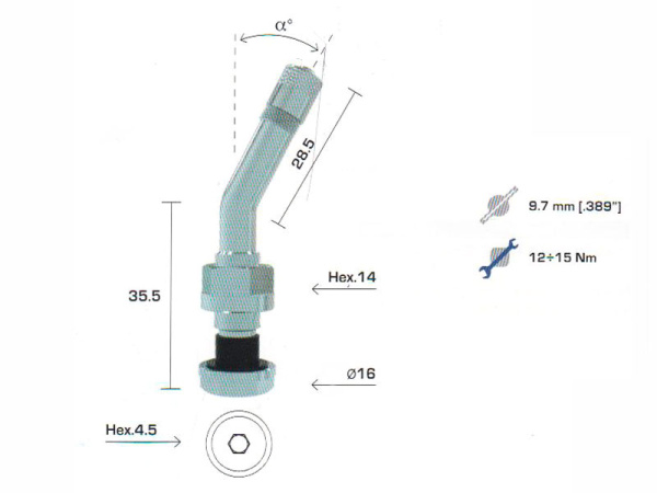 Металлический угловой вентиль для б/к легкосплавных дисков грузовых автомобилей и автобусов, диаметр отверстия в диске 9.7 мм, длина 64 мм, угол 27 градусов
