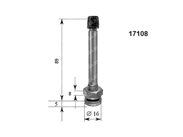 Металлический вентиль для б/к легкосплавных дисков грузовых автомобилей и автобусов, диаметр отверстия в диске 9.7 мм, длина 89 мм