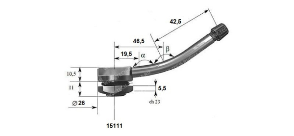 Металлический угловой вентиль для б/к грузовых дисков, диаметр отверстия в диске 15.7 мм, длина 89 мм, два изгиба с углами 173 градуса и 153 градуса