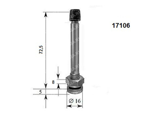 Металлический вентиль для б/к легкосплавных дисков грузовых автомобилей и автобусов, диаметр отверстия в диске 9.7 мм, длина 72.5 мм