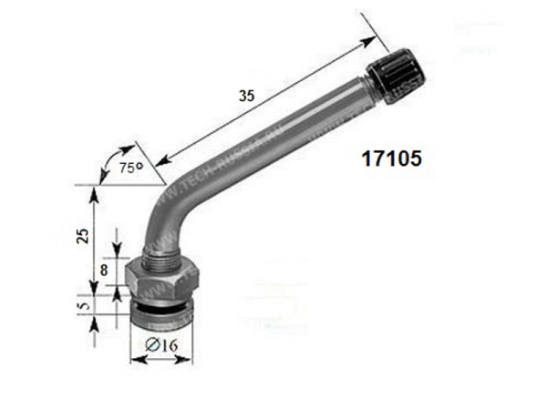 Металлический угловой вентиль для б/к легкосплавных дисков грузовых автомобилей и автобусов, диаметр отверстия в диске 9.7 мм, длина 60 мм, угол 75 градусов
