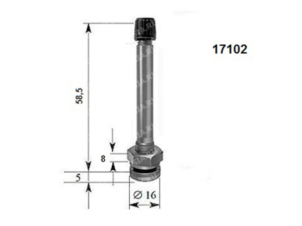 Металлический вентиль для б/к легкосплавных дисков грузовых автомобилей и автобусов, диаметр отверстия в диске 9.7 мм, длина 58.5 мм